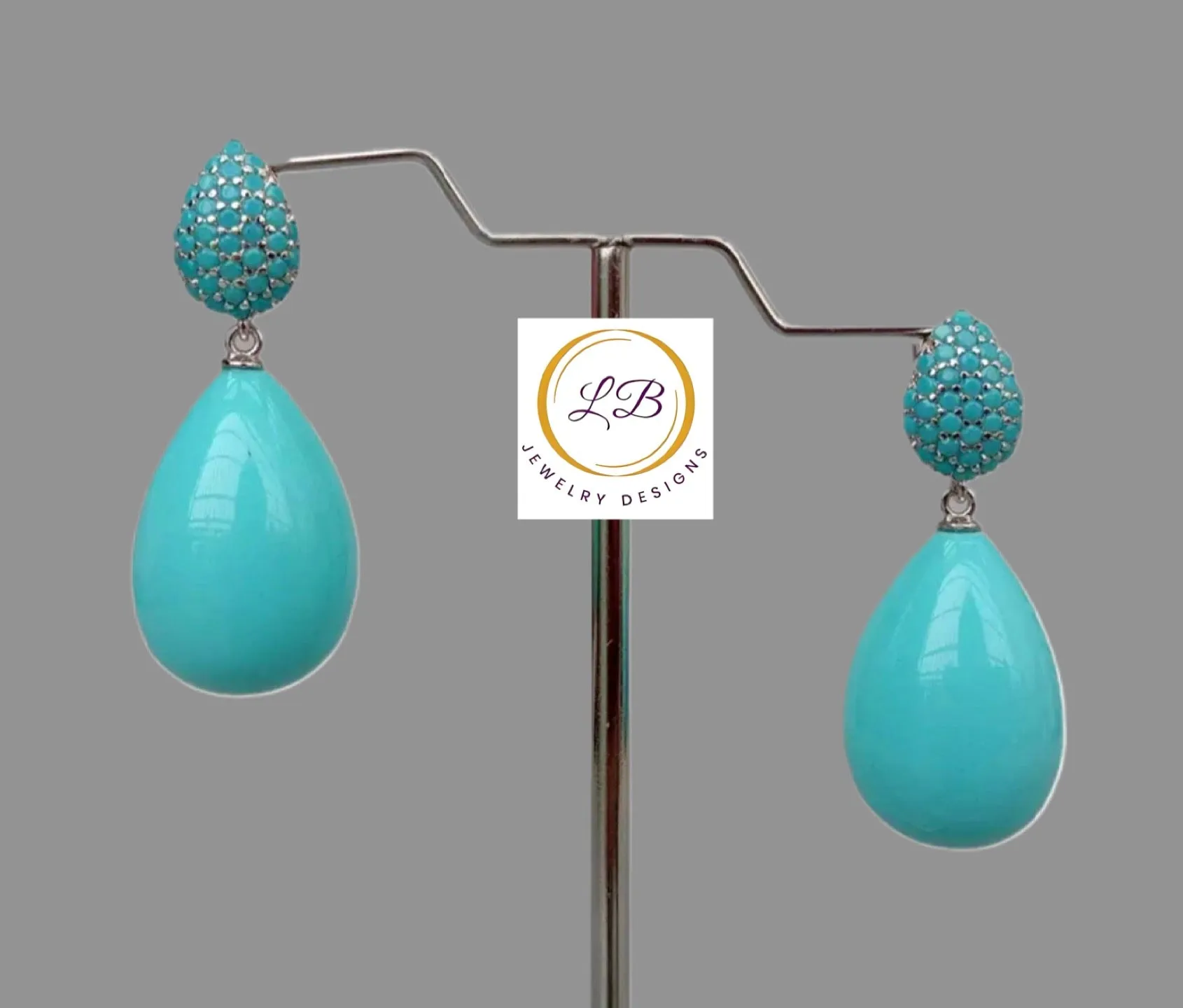 Sleeping Beauty Turquoise Teardrop Pave Stud Earrings 1.4”