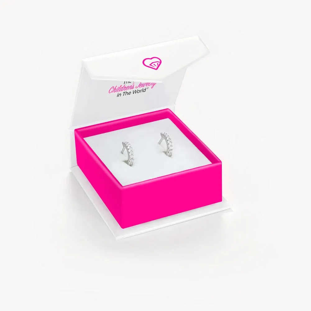 Small Multi Clear CZ 9mm Kids / Children's / Girls Earrings Hoop/Huggie Safety Latch - Sterling Silver