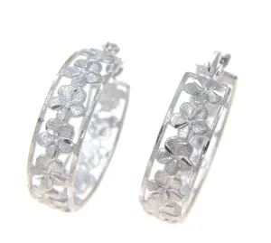 SOLID 14K WHITE GOLD HAWAIIAN PLUMERIA FLOWER HOOP EARRINGS DIAMOND CUT BORDER