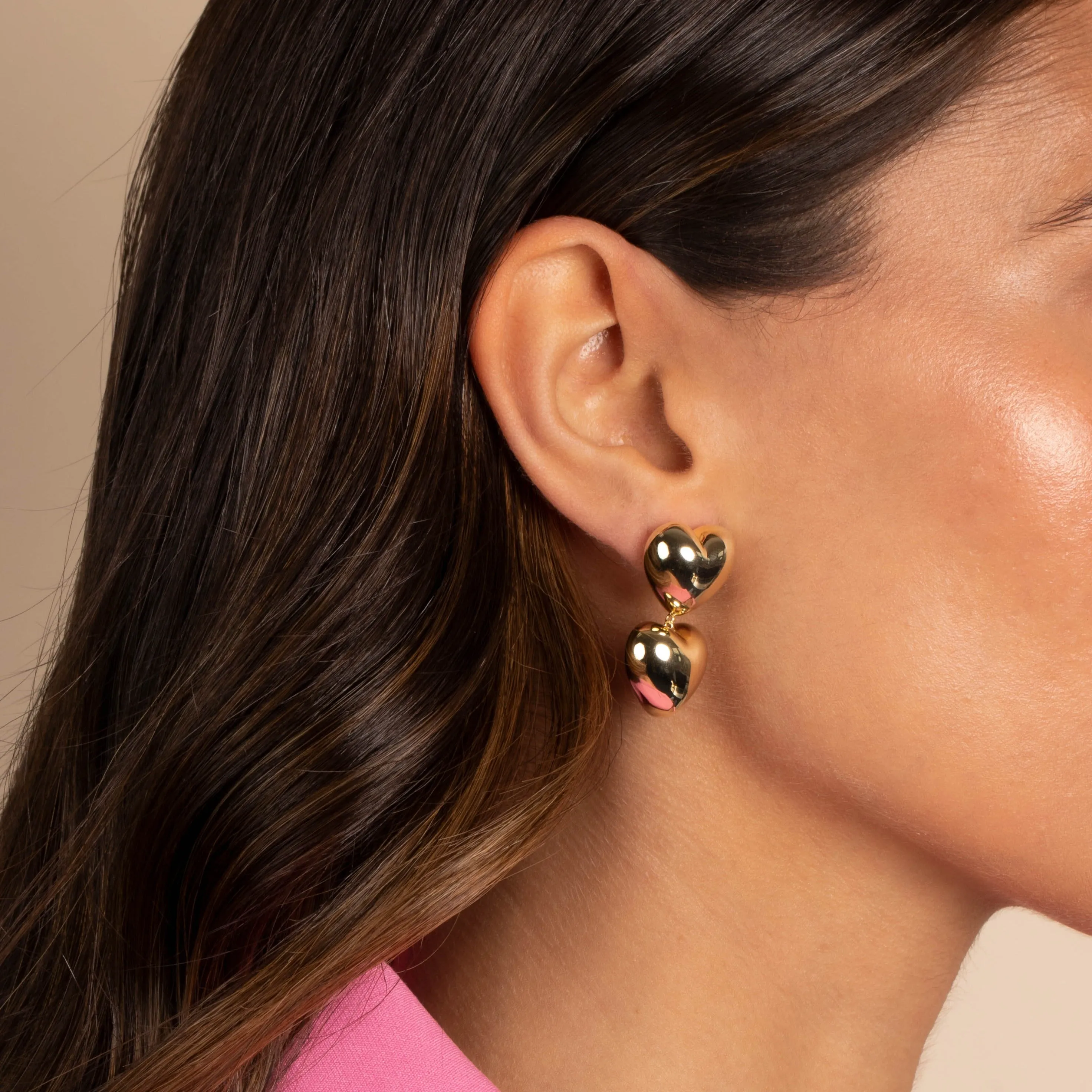 Solid Double Puffy Heart Drop Stud Earring