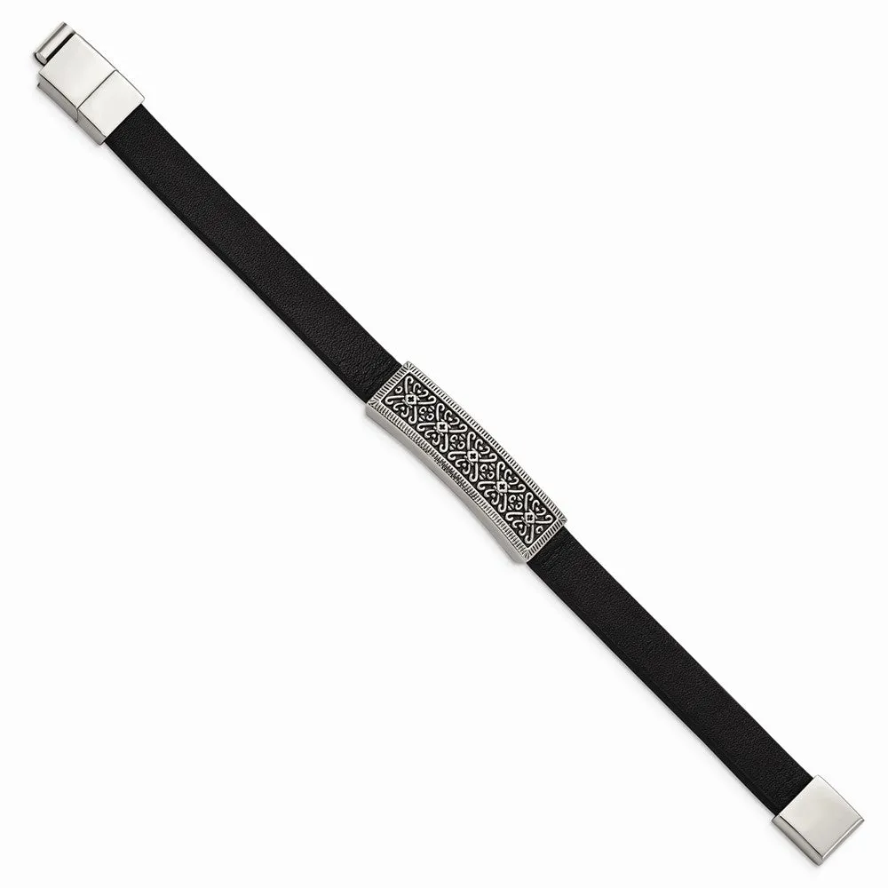 Stainless Steel Antiqued & Polished Black Leather w/.5in ext 8in Bracelet