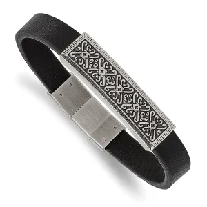 Stainless Steel Antiqued & Polished Black Leather w/.5in ext 8in Bracelet