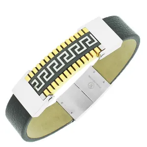 Stainless Steel Black Leather Two-Tone Greek Key Men's Clasp Bracelet