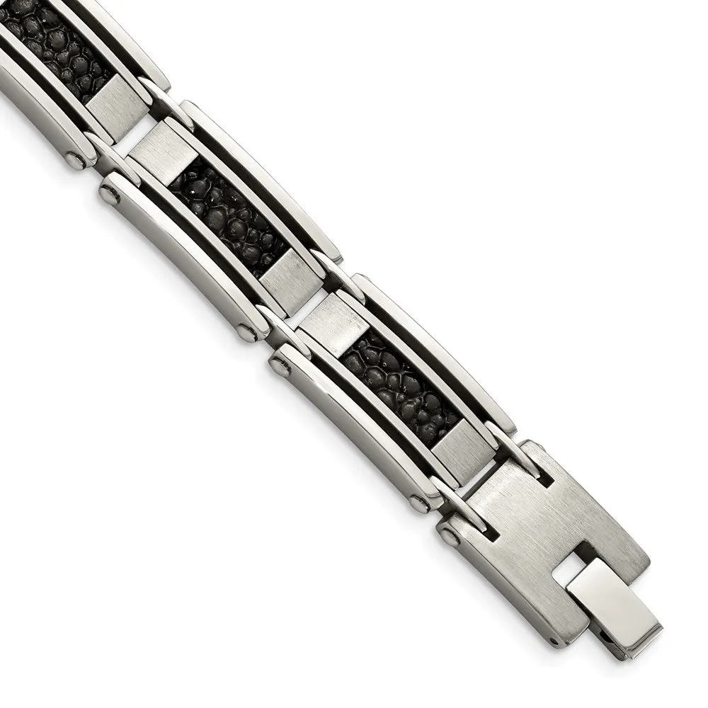 Stainless Steel Genuine Leather Stingray Textured 8.5in Bracelet