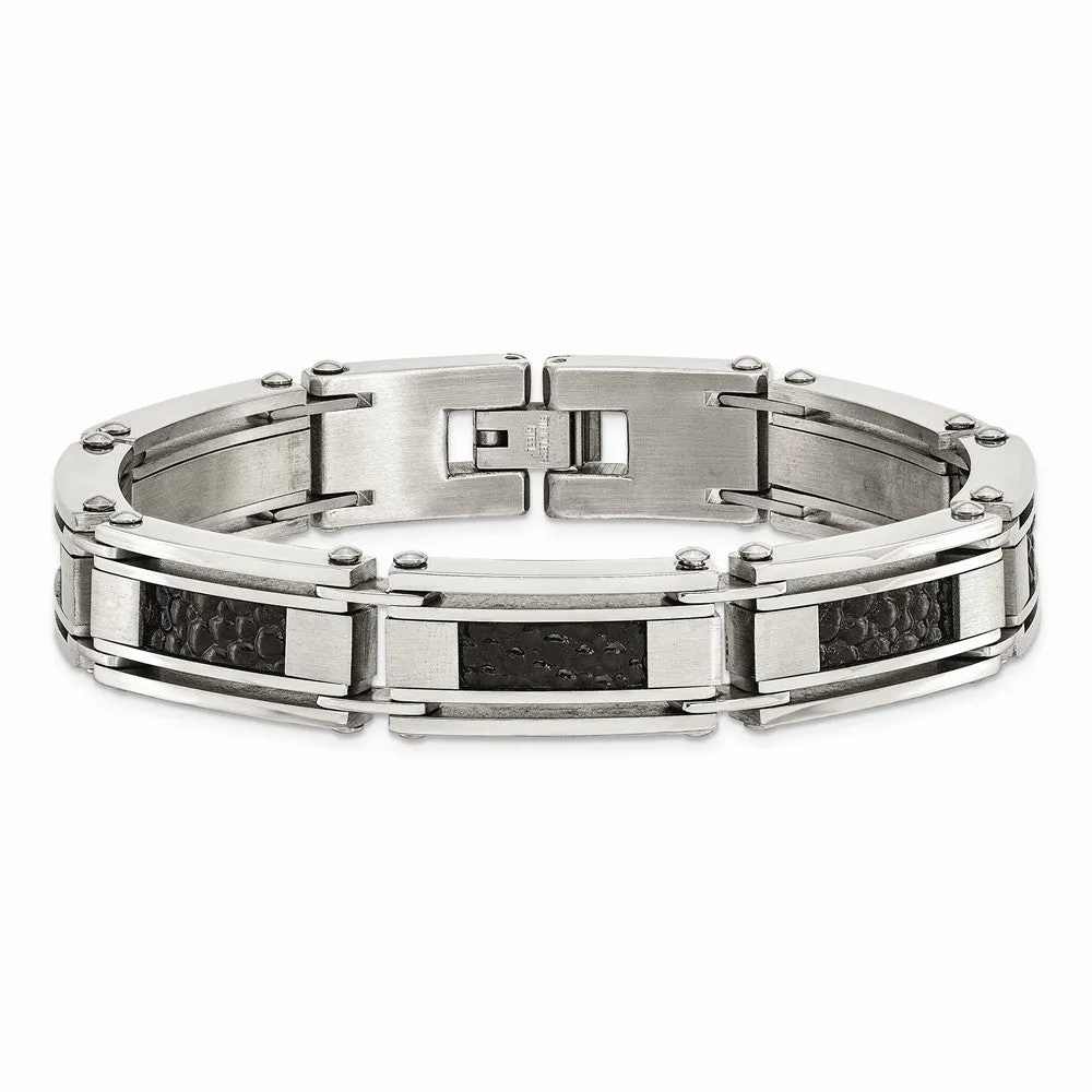 Stainless Steel Genuine Leather Stingray Textured 8.5in Bracelet