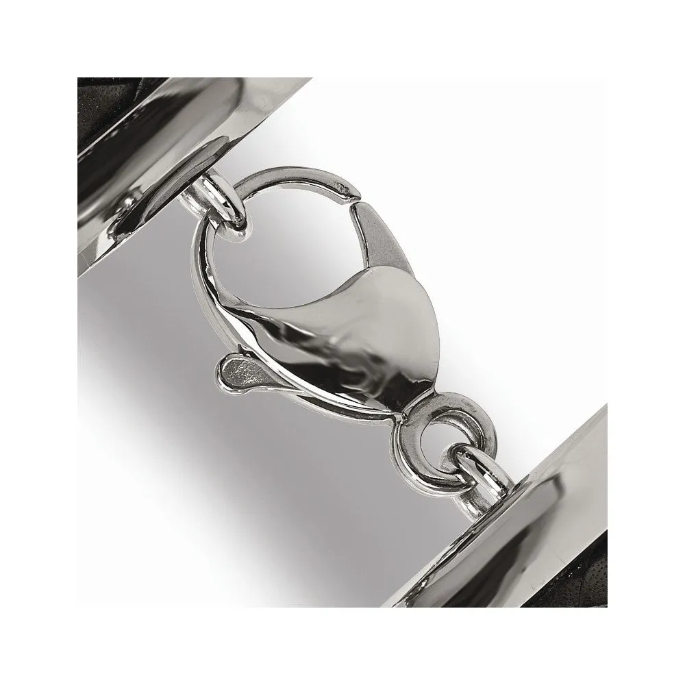 Stainless Steel Polished Antiqued Blk Leather Spider Bracelet