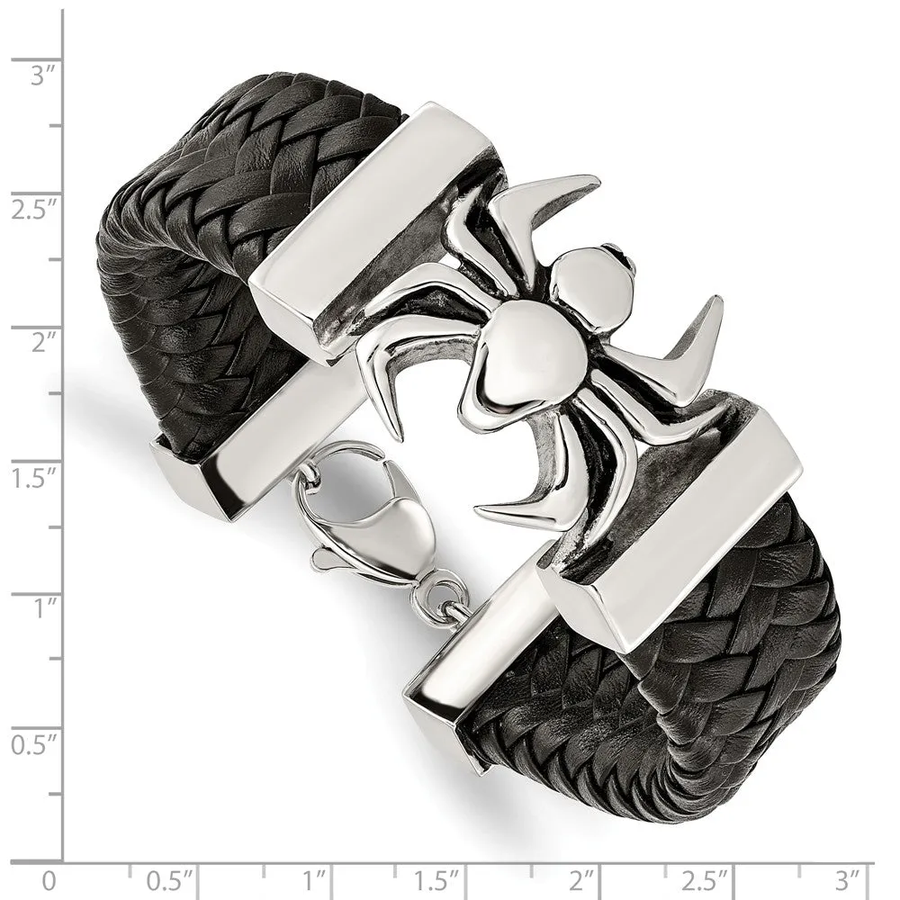 Stainless Steel Polished Antiqued Blk Leather Spider Bracelet