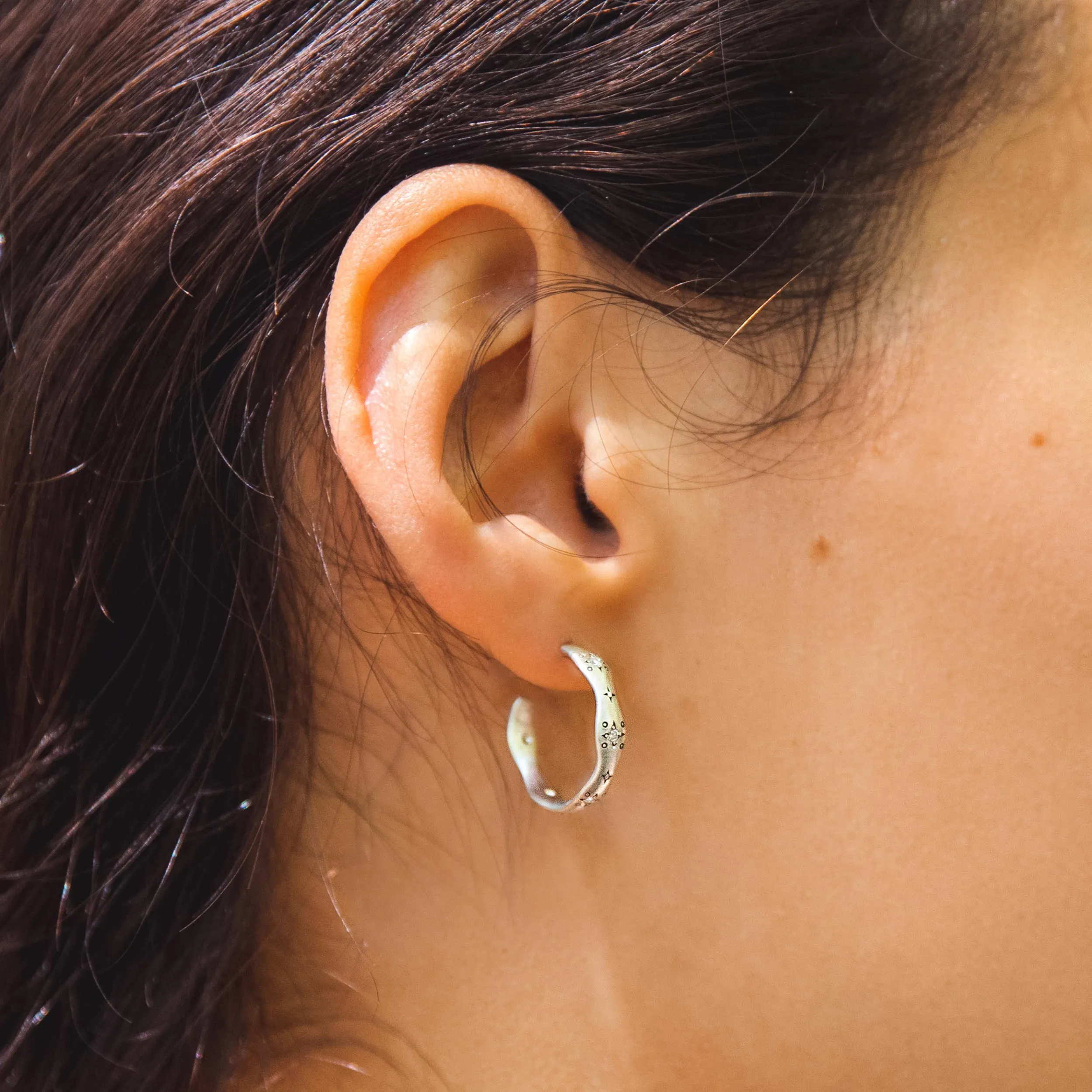Sterling Silver Wavy Hoop Earrings with Diamonds