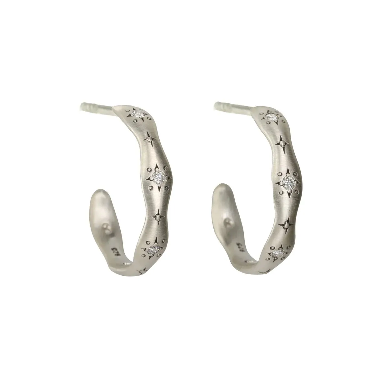 Sterling Silver Wavy Hoop Earrings with Diamonds