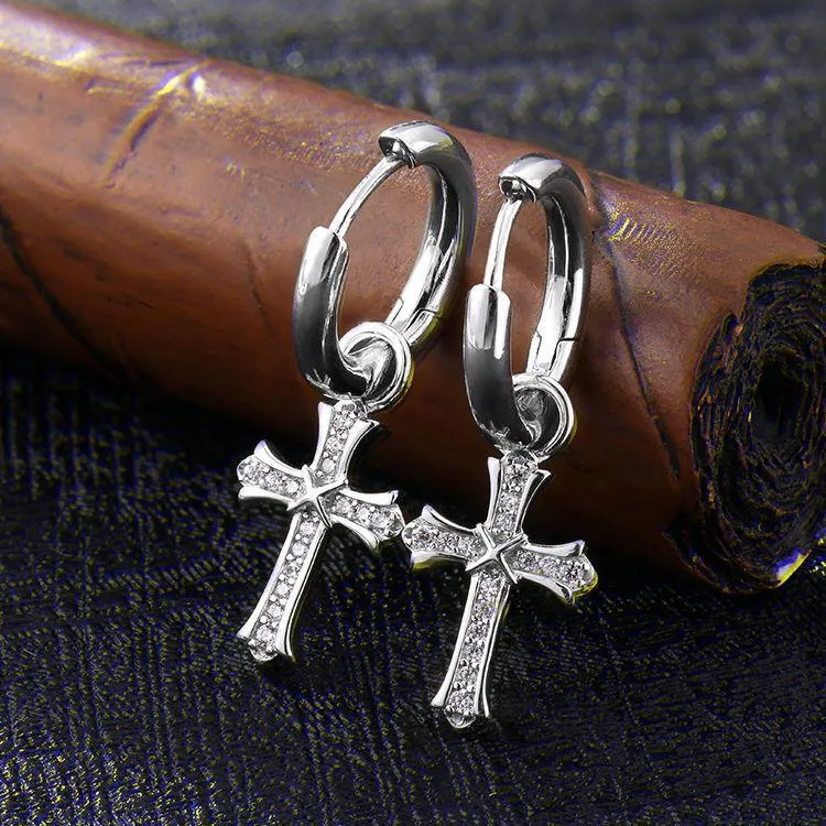 The Wisdom® -925 Sterling Silver Diamond Iced Out Hoop Dangle Iris Cross Mens Earrings