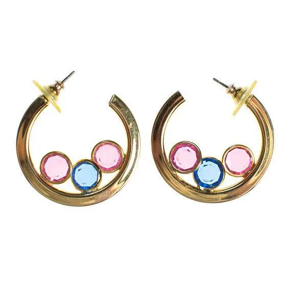 Vintage Medium Gold Hoop Earrings with Pastel Rhinestone Bezel Set Swarovski Crystal