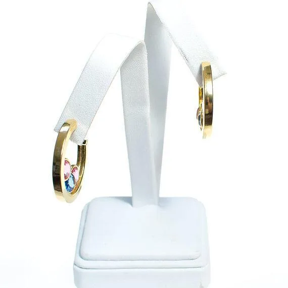 Vintage Medium Gold Hoop Earrings with Pastel Rhinestone Bezel Set Swarovski Crystal