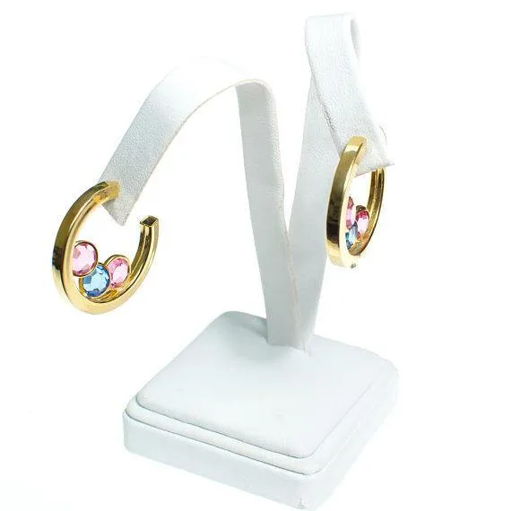 Vintage Medium Gold Hoop Earrings with Pastel Rhinestone Bezel Set Swarovski Crystal