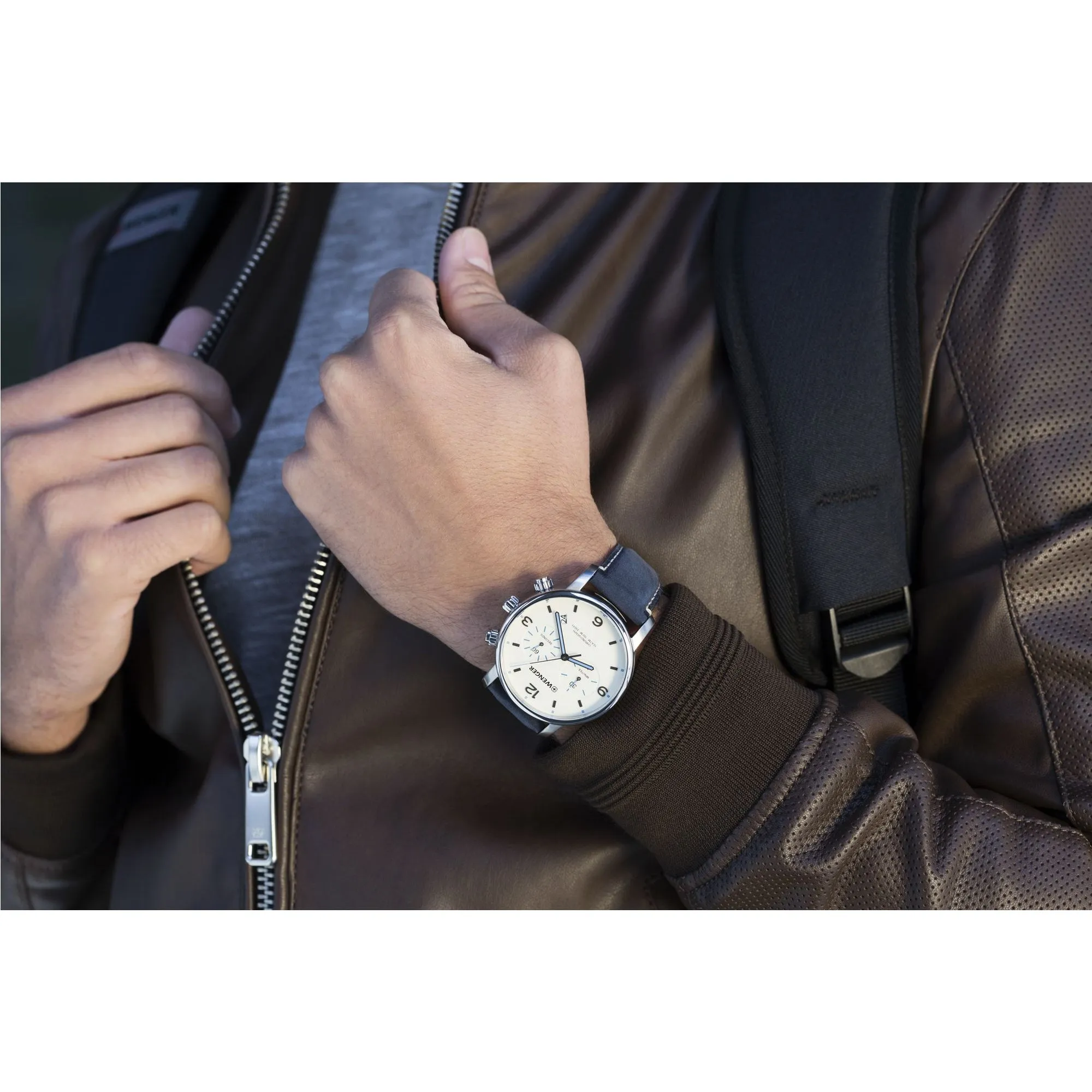 Wenger Urban Metropolitan Chrono 44 Cream-White Dial Blue Leather Men's Watch
