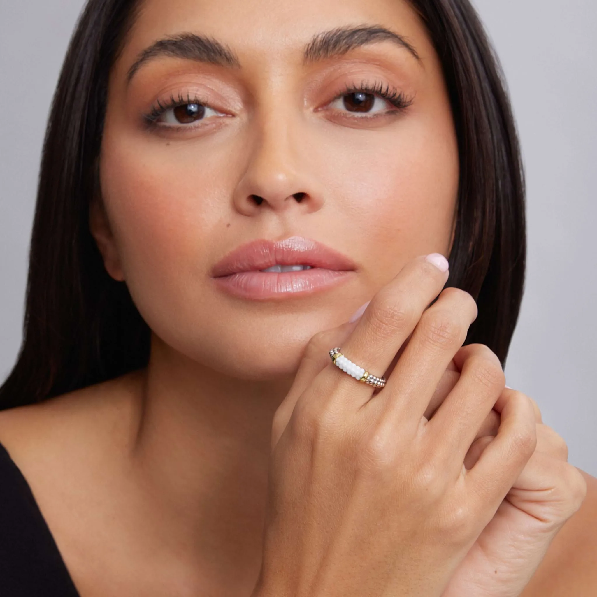 White Caviar Ceramic Two-Tone Caviar Stacking Ring