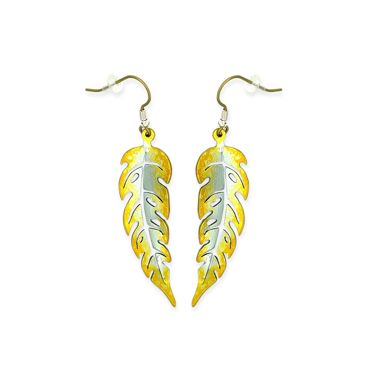 Yellow Titanium Cut-Out Long Leaf Drop Earrings